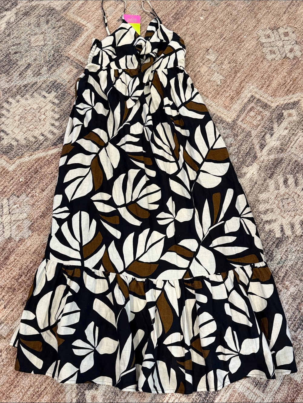 Tabitha Black Dress with White and Brown Leaf Print